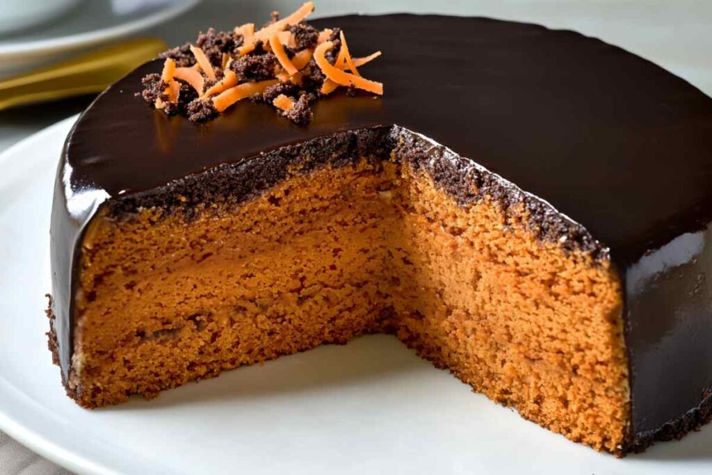 A slice of Brazilian carrot cake with a rich chocolate glaze on top, garnished with shredded carrots and chocolate crumbs, showing its moist orange interior on a white plate