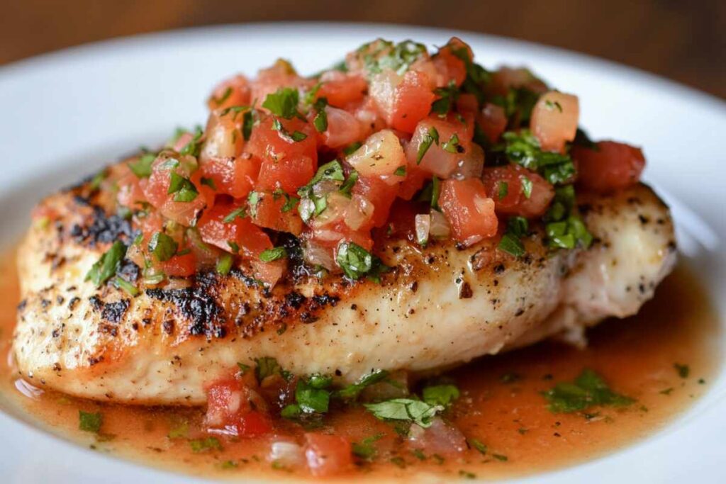 Grilled chicken breast topped with fresh bruschetta mix, including tomatoes and herbs, served on a white plate