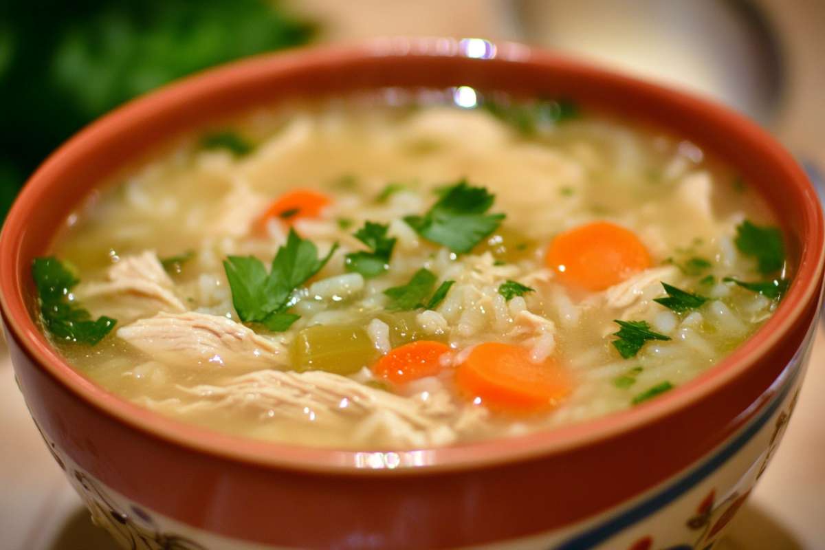 A bowl of chicken and rice soup featuring tender chicken pieces, carrots, celery, and fresh parsley in a flavorful broth