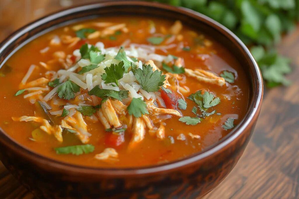 A bowl of chicken enchilada soup garnished with shredded cheese and fresh cilantro, featuring tender chicken pieces in a rich, tomato-based broth