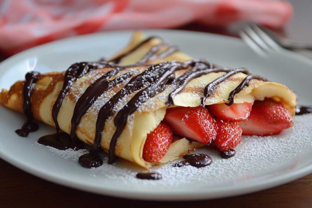 A crepe filled with fresh strawberries, drizzled with chocolate sauce, and dusted with powdered sugar on a white plate