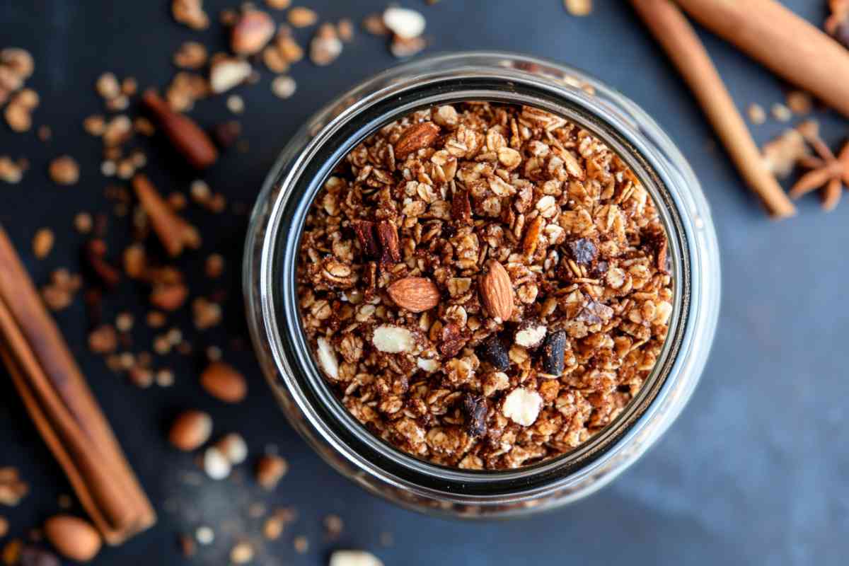 A jar of cinnamon granola with almonds and oats, surrounded by scattered granola and cinnamon sticks on a dark surface