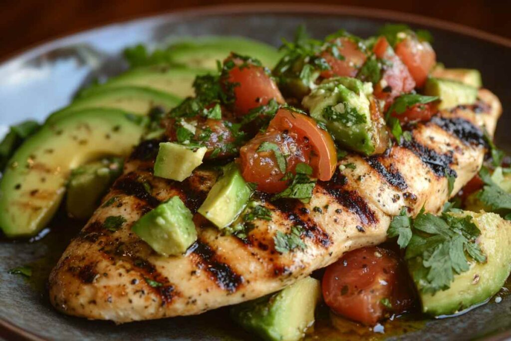 A plate of grilled chicken breast served with sliced avocado, garnished with fresh herbs