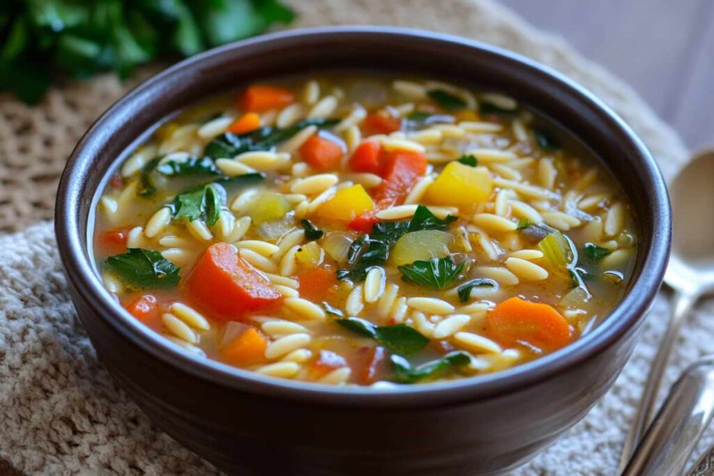 A bowl of orzo vegetable soup filled with orzo pasta, carrots, celery, leafy greens, and a flavorful broth