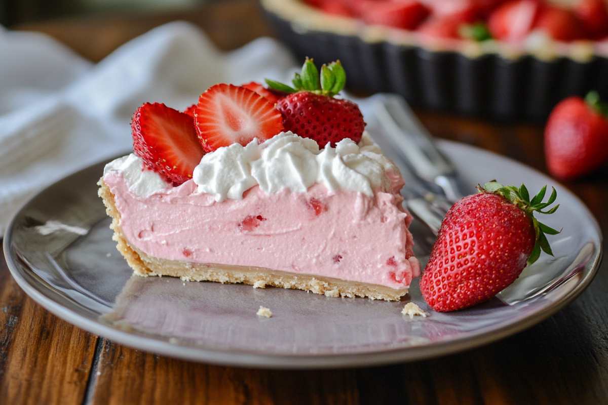 A slice of strawberry mousse pie topped with whipped cream and fresh strawberry slices, served on a plate with a whole strawberry beside it