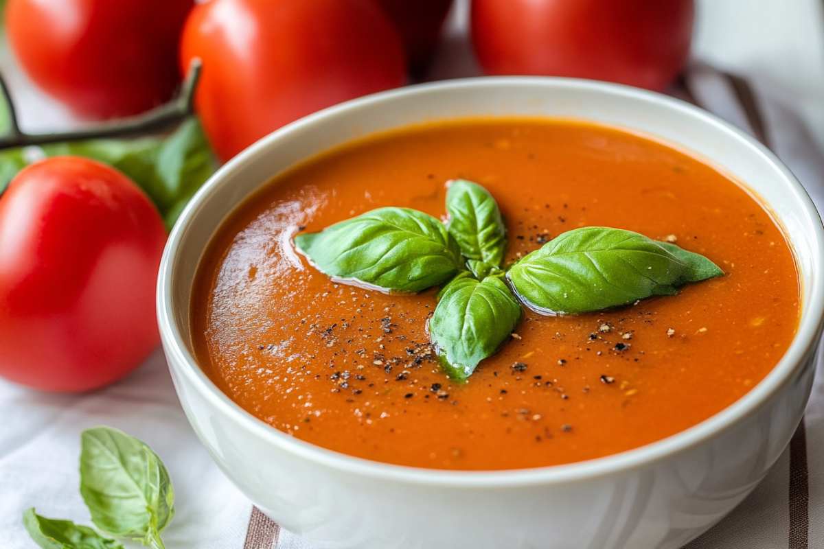 A bowl of rich tomato basil soup topped with fresh basil leaves and a sprinkle of black pepper, with ripe tomatoes and basil leaves in the background.