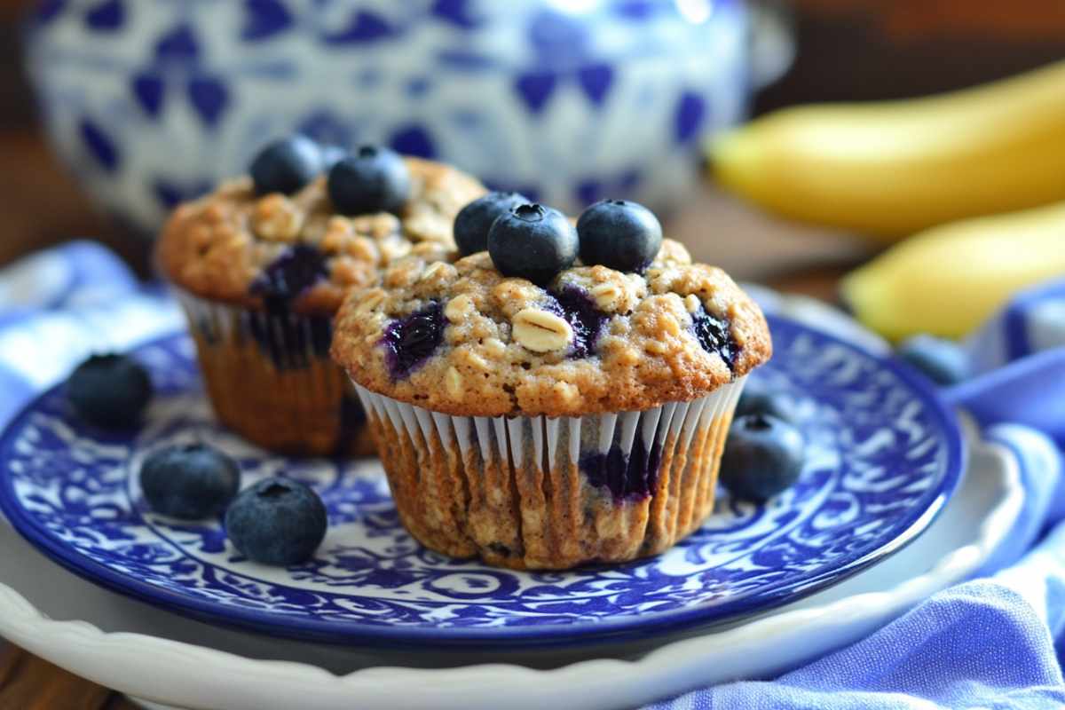 Two banana blueberry oatmeal muffins topped with fresh blueberries, served on a decorative blue plate, with whole blueberries scattered around and bananas in the background