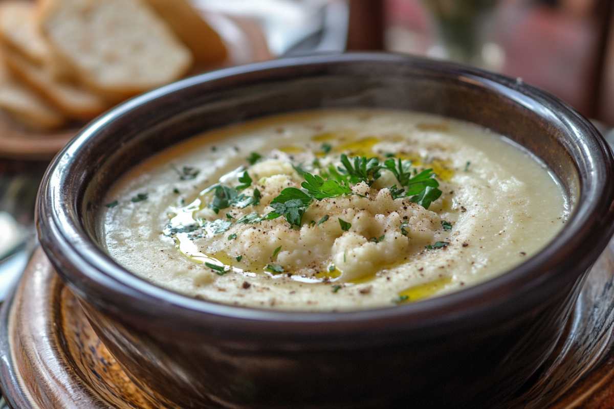 A bowl of creamy cauliflower soup garnished with fresh herbs and a drizzle of olive oil, served in a rustic ceramic bowl