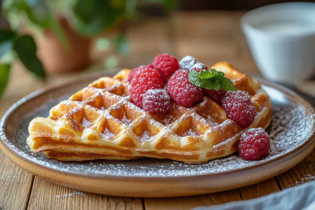 A plate of golden croffle topped with fresh raspberries, dusted with powdered sugar, and garnished with a mint leaf, served on a wooden table