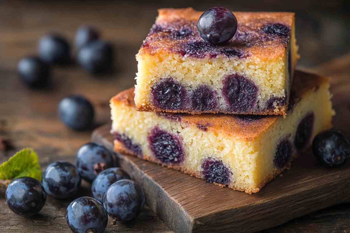 Two square slices of Italian grape cake with purple grapes baked into the golden, moist crumb, garnished with a whole grape on top, set on a wooden board with scattered grapes around