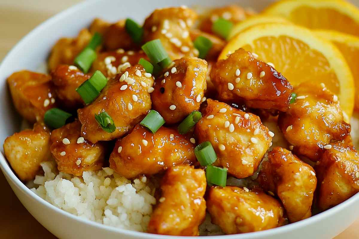 Orange chicken, garnished with sesame seeds, served over rice, with slices of fresh orange in the background