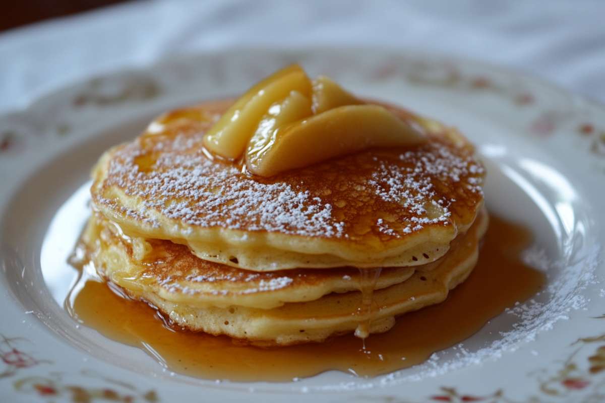 Layers of golden pancakes garnished with warm apple slices and syrup, dusted with powdered sugar, on a patterned plate.