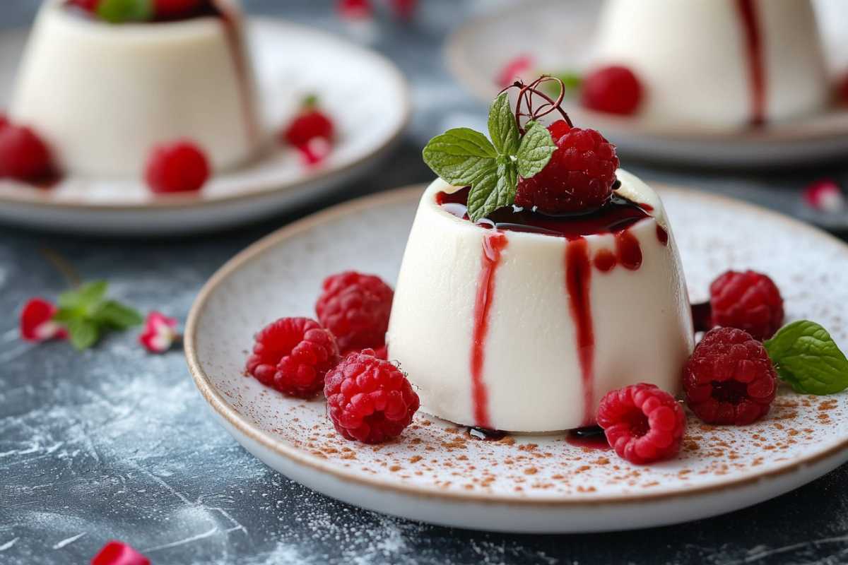 A serving of panna cotta drizzled with raspberry sauce, garnished with fresh raspberries and a mint leaf, on a decorative plate