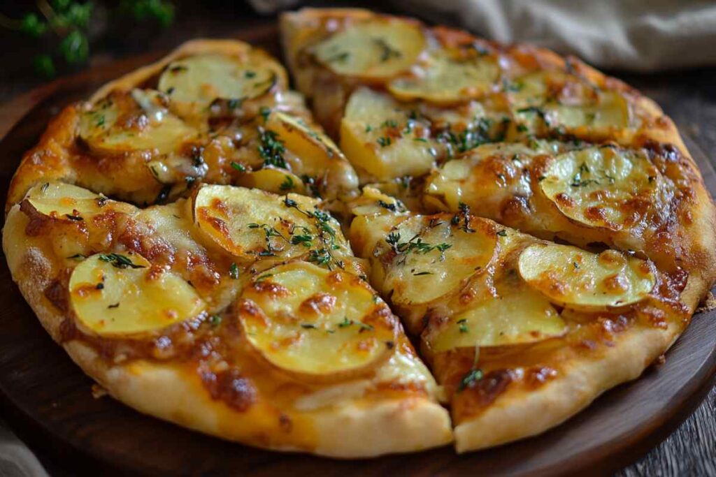 A potato pizza topped with thinly sliced potatoes, melted cheese, and fresh herbs, served on a wooden board