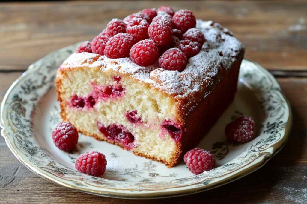 A slice of moist raspberry loaf cake topped with fresh raspberries and dusted with powdered sugar, served on a decorative plate