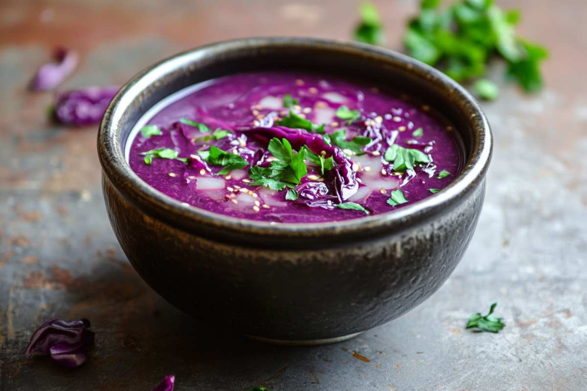 A rustic bowl filled with vibrant red cabbage soup, garnished with chopped parsley and sesame seeds, placed on a textured surface with scattered herbs around