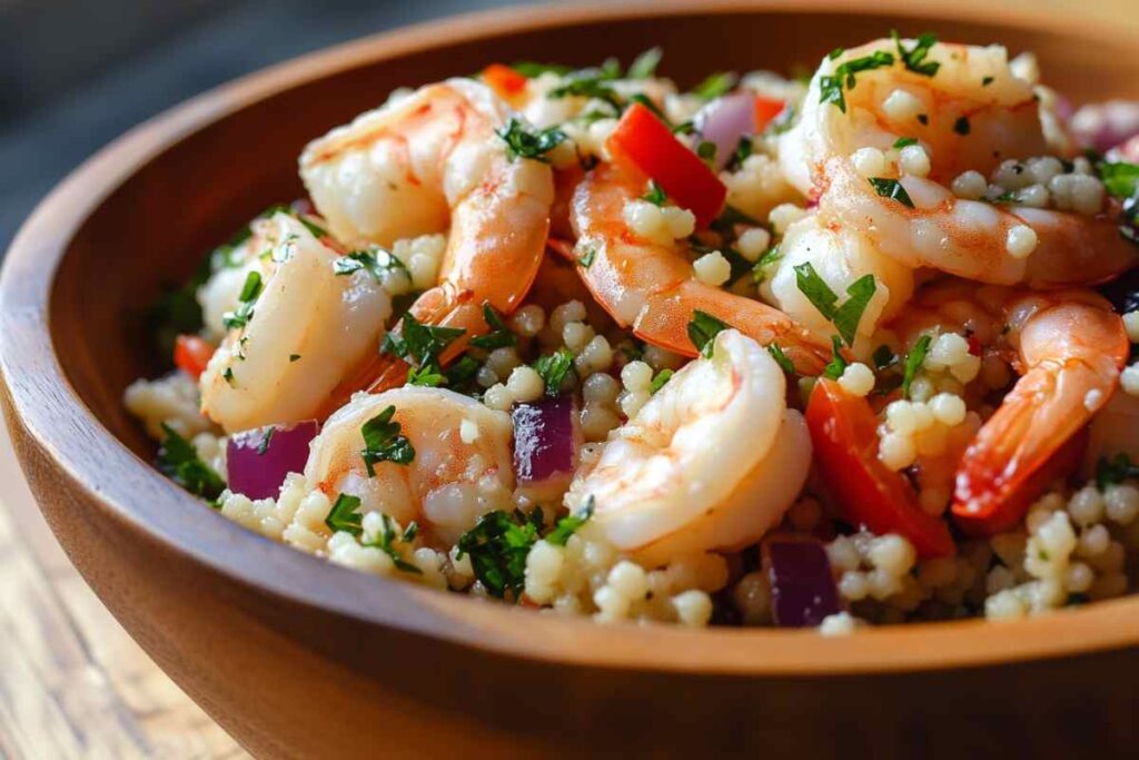 A wooden bowl filled with a vibrant shrimp couscous salad, garnished with chopped parsley, diced red onion, and red bell pepper.