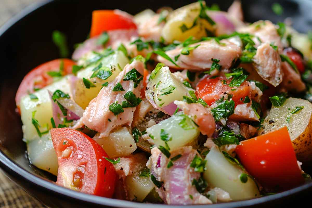 A colorful bowl of tuna and potato salad mixed with tomatoes, onions, and garnished with fresh parsley