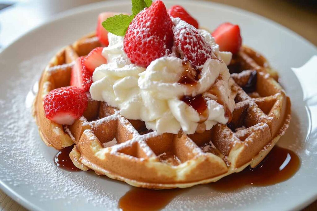 A waffle topped with fresh strawberries, whipped cream, and a drizzle of syrup, garnished with a mint leaf and dusted with powdered sugar.