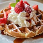 A waffle topped with fresh strawberries, whipped cream, and a drizzle of syrup, garnished with a mint leaf and dusted with powdered sugar.