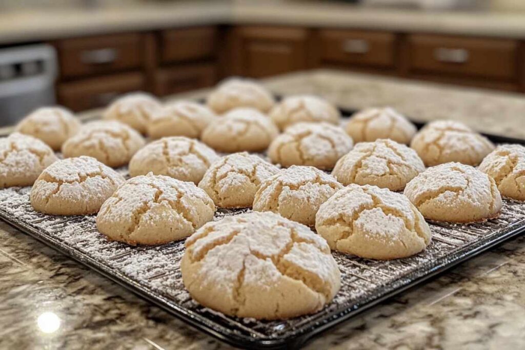 Amaretti cookies dusted with powdered sugar