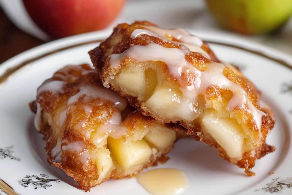 Close-up of golden, crispy apple fritters drizzled with sweet icing, showcasing tender apple chunks inside, served on a decorative plate.