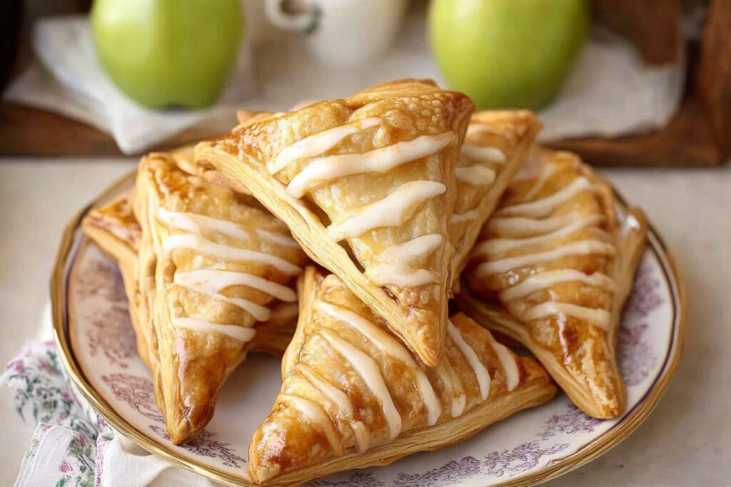 Apple turnovers drizzled with icing, stacked on a decorative plate and surrounded by fresh green apples in the background.