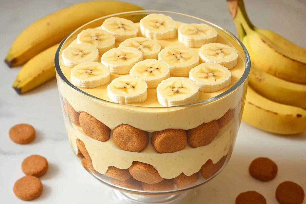 A layered banana pudding dessert in a clear glass trifle dish, featuring alternating layers of vanilla pudding, vanilla wafer cookies, and topped with banana slices. Whole bananas and vanilla wafers are seen in the background.