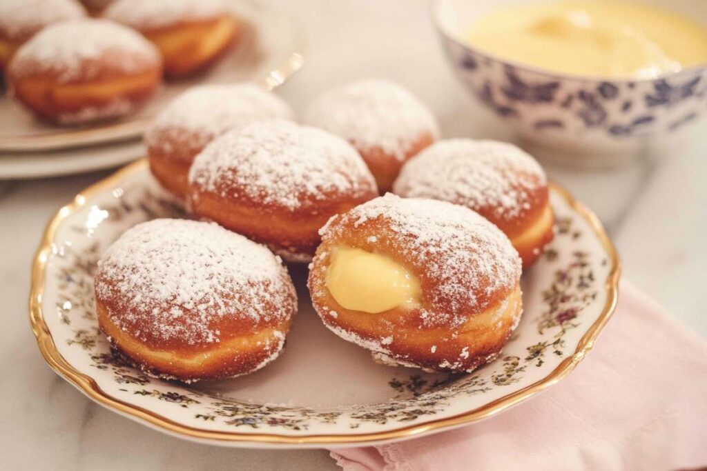 Plate of powdered sugar-dusted bomboloni filled with custard, displayed on a decorative porcelain dish with a pink napkin and a bowl of custard in the background.