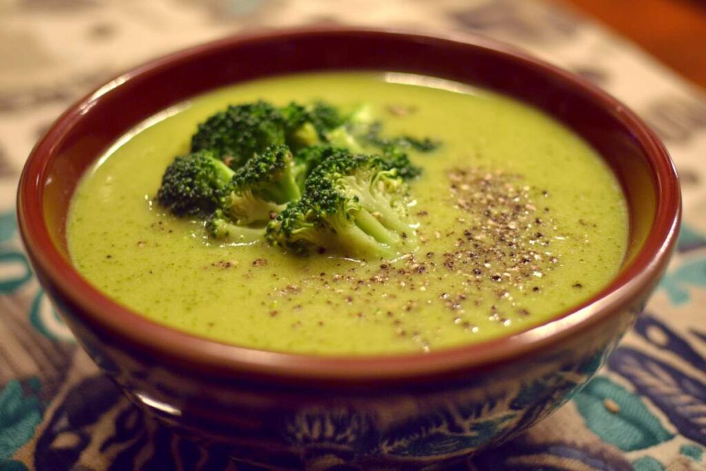 A bowl of creamy broccoli soup topped with fresh broccoli florets and a sprinkle of black pepper, served in a decorative bowl