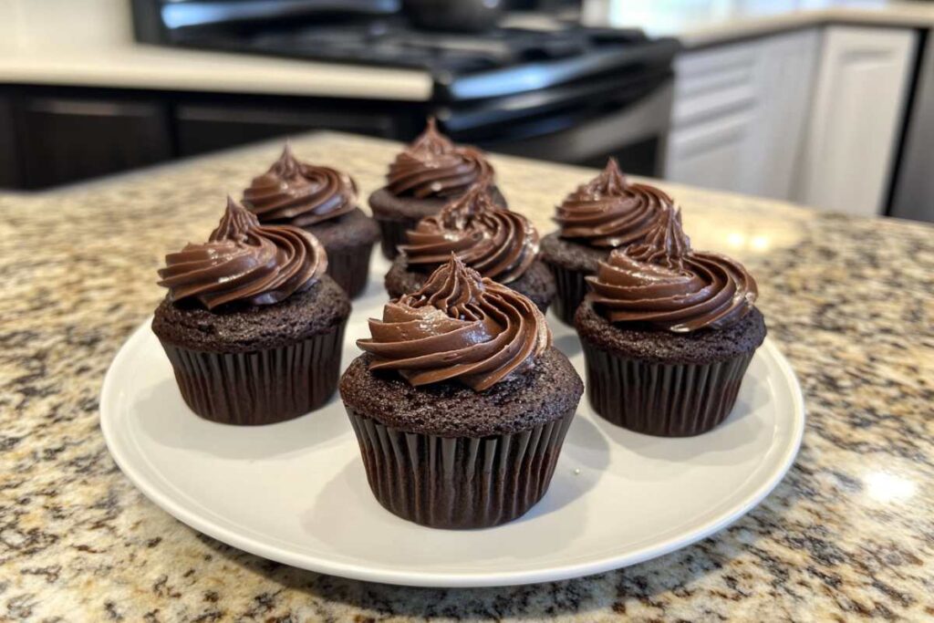 Plate of homemade chocolate cupcakes with rich, swirled chocolate frosting on a granite countertop