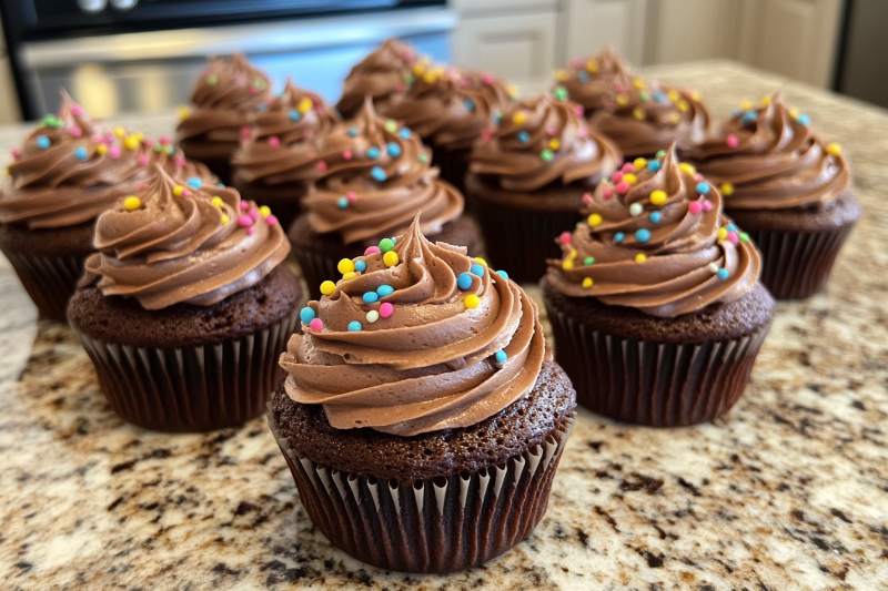 Chocolate cupcakes topped with swirled chocolate frosting and colorful sprinkles, arranged on a granite countertop.