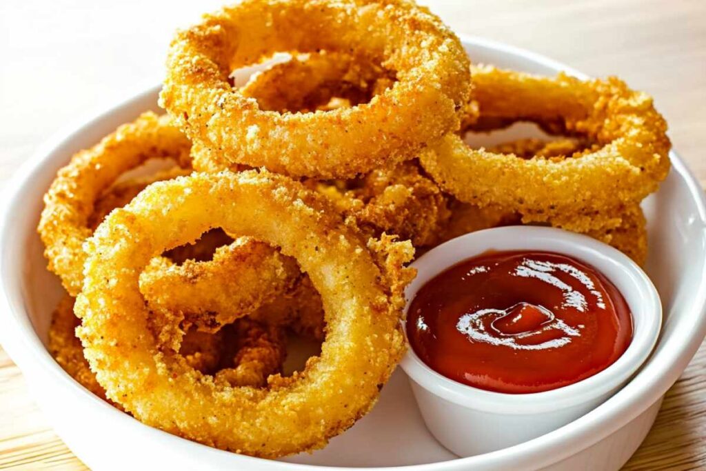 Golden crispy baked onion rings served in a white bowl with a side of ketchup for dipping.