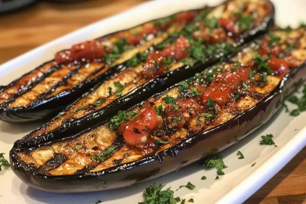 Eggplant halves topped with a fresh tomato salsa and garnished with chopped herbs, served on a white platter