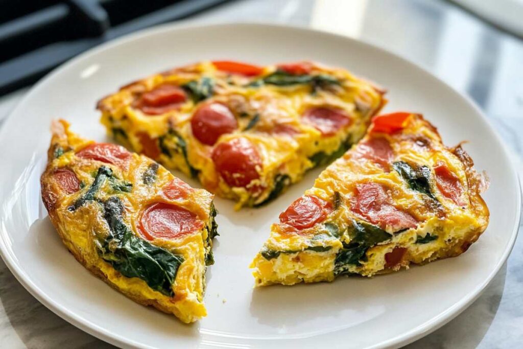 Close-up of a freshly sliced frittata featuring vibrant cherry tomatoes, spinach, and a golden, fluffy egg base, served on a white plate.