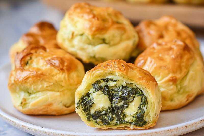 Golden, flaky spinach and cheese puffs on a plate, with one puff cut open to reveal a creamy spinach and cheese filling