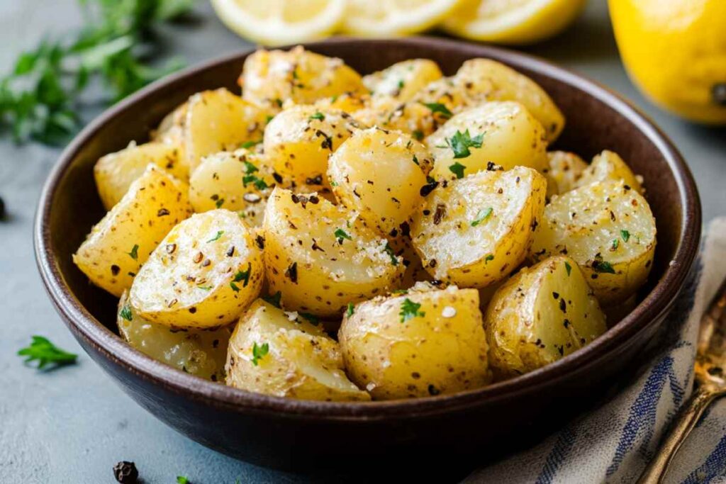 Bowl of roasted lemon potatoes seasoned with herbs and black pepper