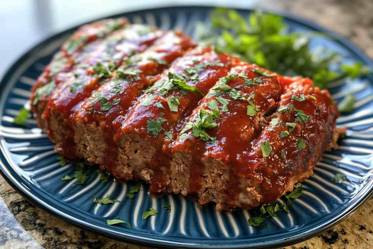 Sliced meatloaf topped with a rich tomato glaze and garnished with fresh herbs, served on a blue plate