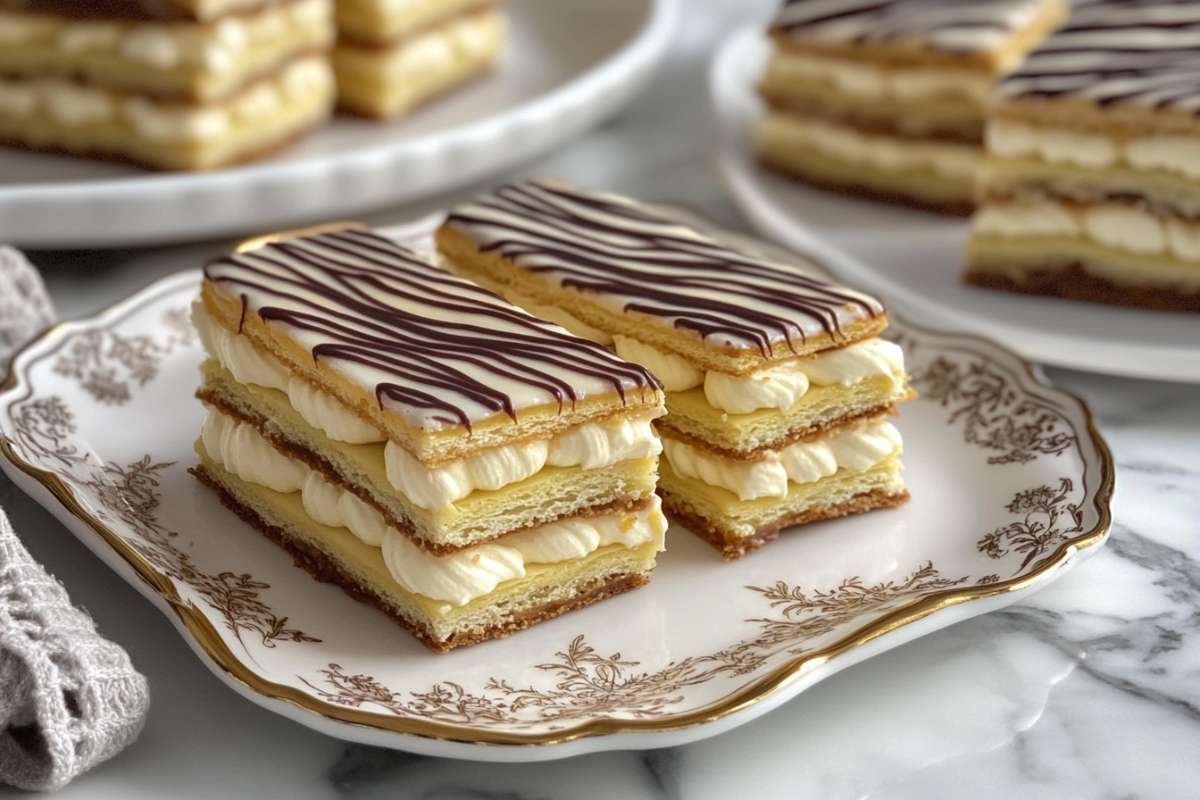 Two mille-feuille pastries with layers of puff pastry and cream, topped with a white icing and chocolate drizzle, served on an ornate plate