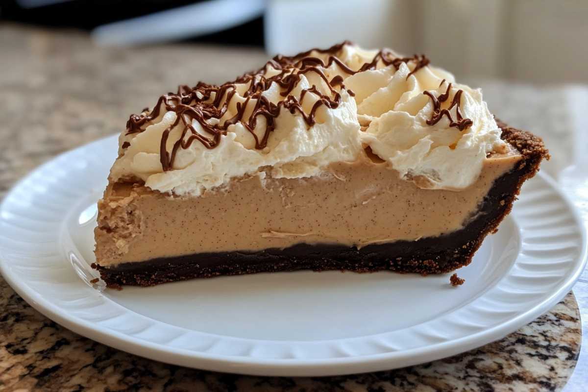 A slice of creamy peanut butter pie topped with whipped cream and drizzled with chocolate, served on a white plate