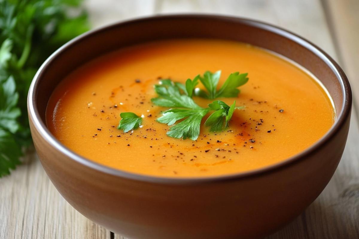 A bowl of creamy pumpkin soup garnished with fresh parsley and a sprinkle of black pepper, served in a brown bowl on a wooden table