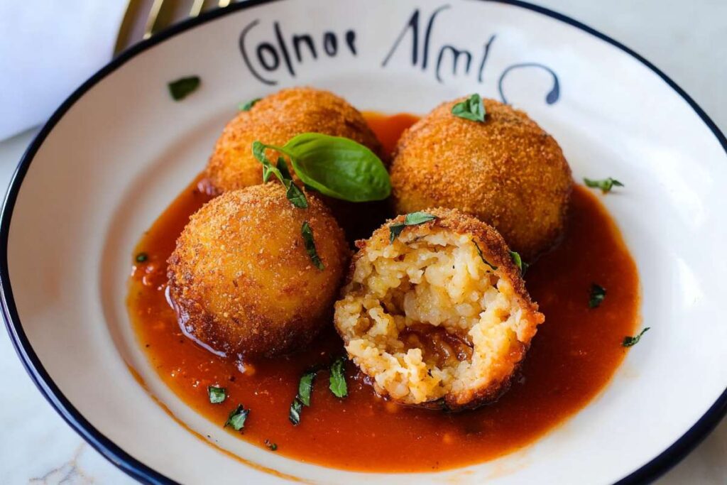 A plate of Sicilian Arancini, crispy golden-brown rice balls served on a bed of rich tomato sauce, garnished with fresh basil leaves. One arancini is cut open, revealing a filling of creamy rice and a savory center.