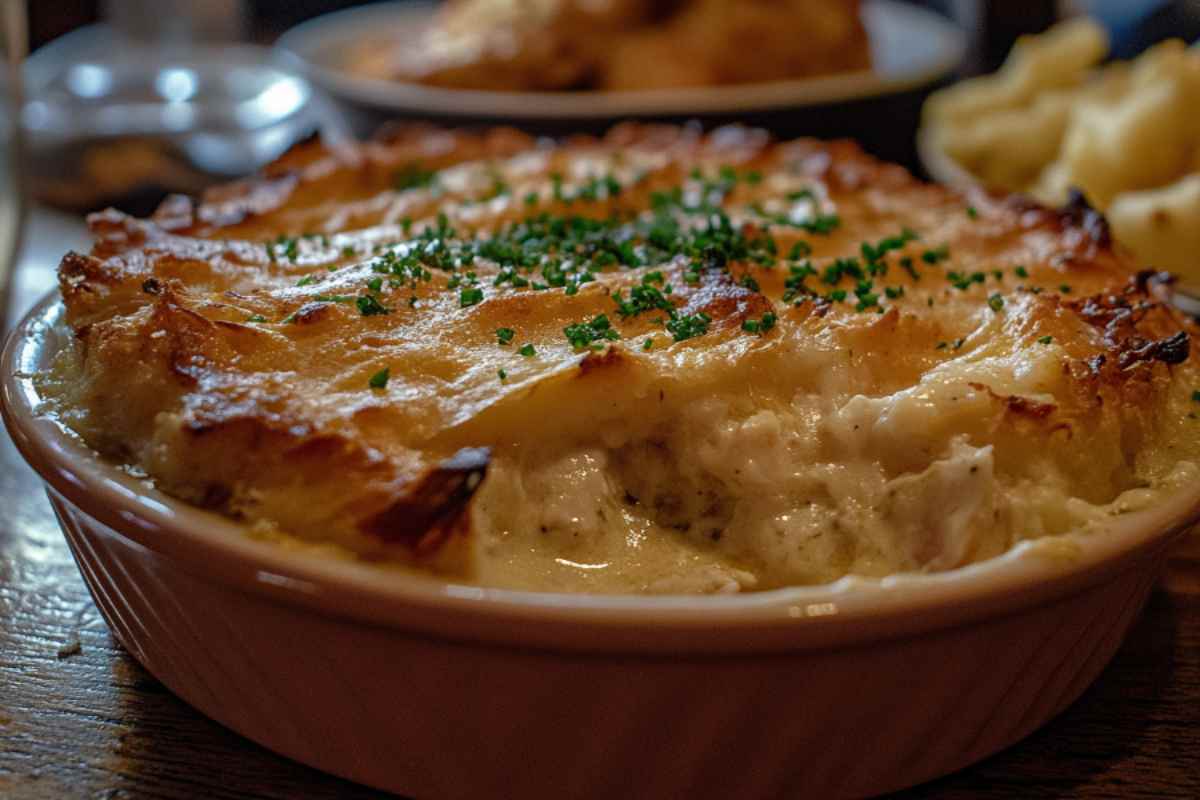 smoked fish pie topped with a golden crust and garnished with fresh chives, served in a ceramic dish