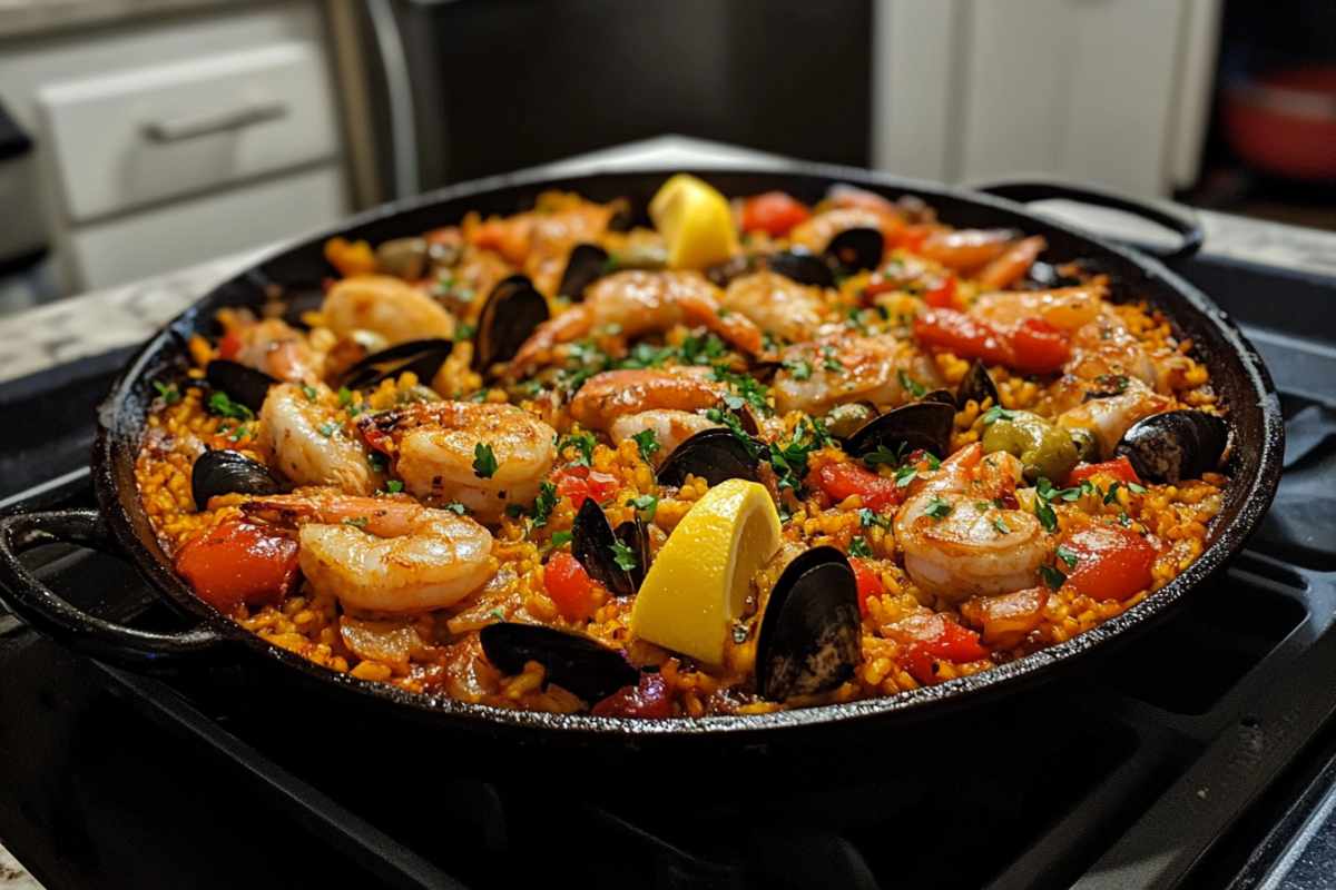 A close-up of a pan filled with traditional Spanish paella, showcasing shrimp, mussels, and colorful vegetables on a bed of saffron-infused rice, topped with lemon wedges and fresh parsley