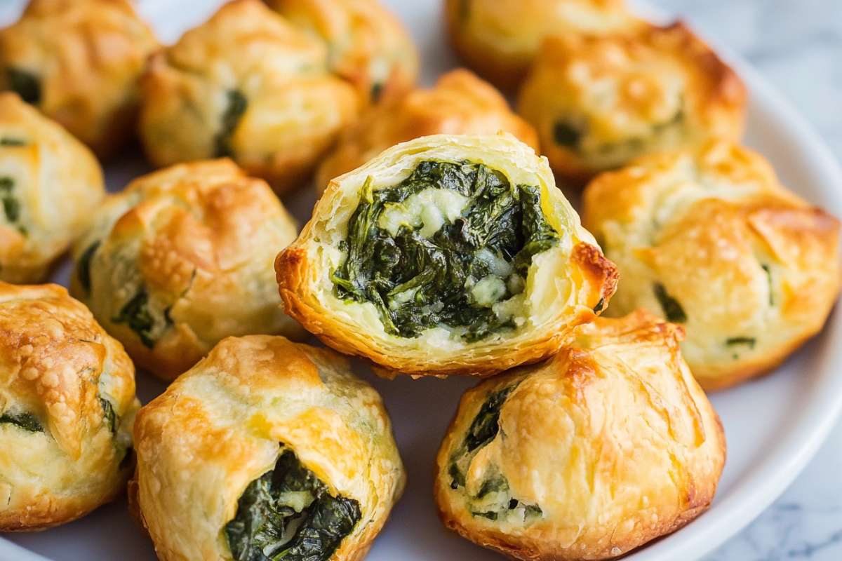 Close-up of golden, flaky spinach puffs with one puff split open to reveal a creamy spinach and cheese filling, served on a white plate