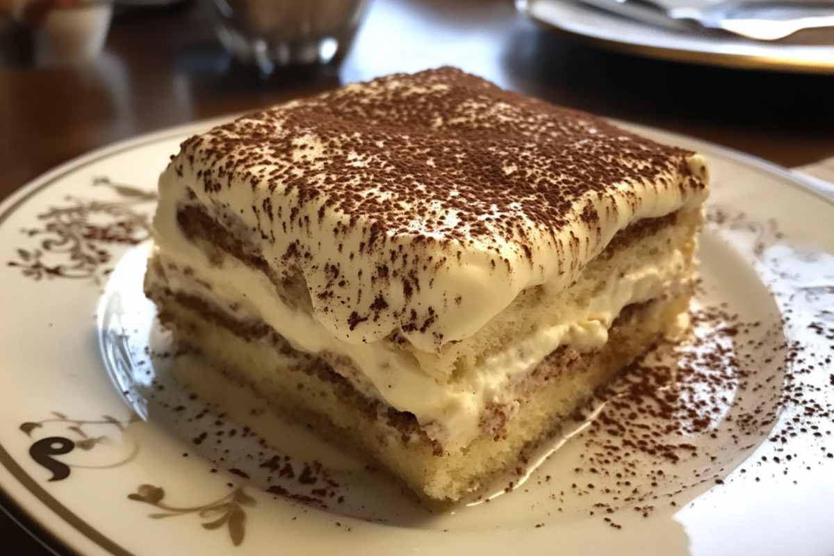 A slice of classic tiramisu with layers of mascarpone cream and espresso-soaked ladyfingers, dusted with cocoa powder and served on a decorative plate.