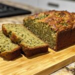 A freshly baked loaf of zucchini bread with two slices cut and placed on a wooden cutting board, showing the moist and textured interior