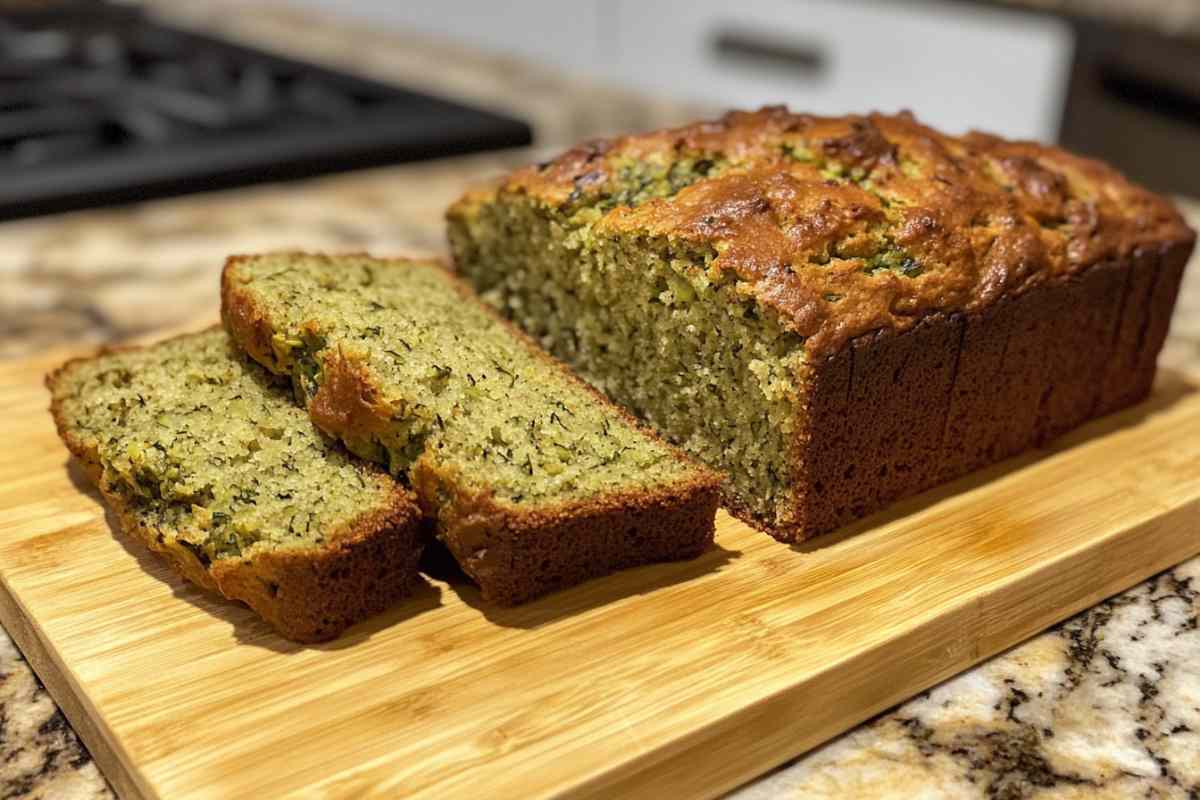 A freshly baked loaf of zucchini bread with two slices cut and placed on a wooden cutting board, showing the moist and textured interior