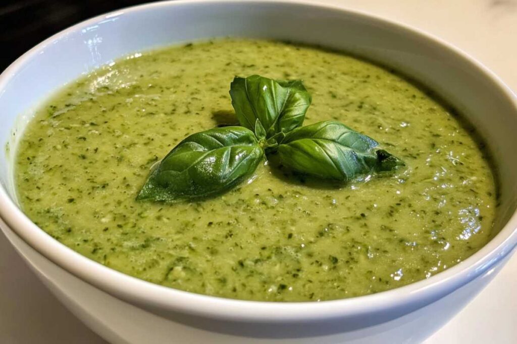 A bowl of creamy green zucchini soup garnished with fresh basil leaves