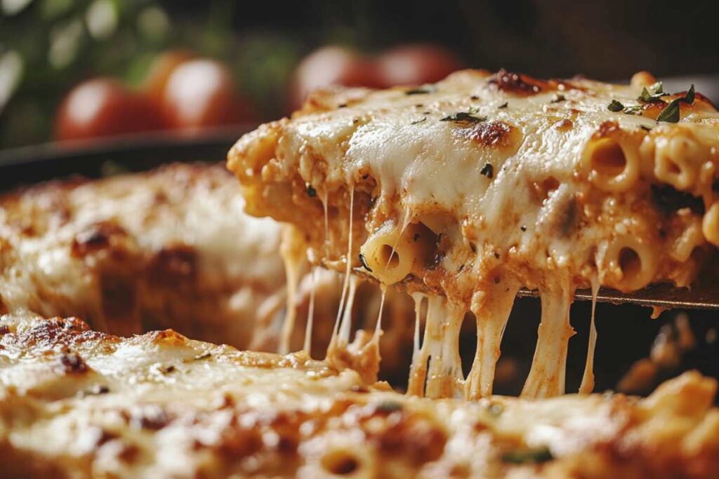 A serving of baked ziti being lifted from a dish, showcasing layers of pasta, meat sauce, and melted, gooey cheese.